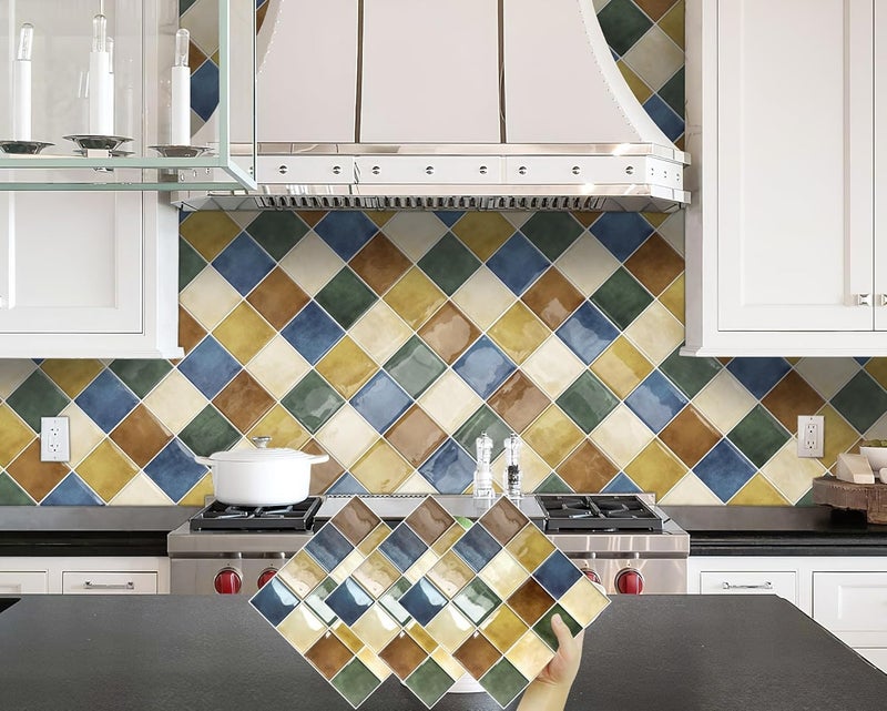 DEWOO Colorful Peel and Stick Backsplash Tiles Kitchen Bathroom Square Self Adhesive Wall Tile Checkerboard Checkered Stickers,Multicolor (10-Sheet, 12"×12") - Image 2